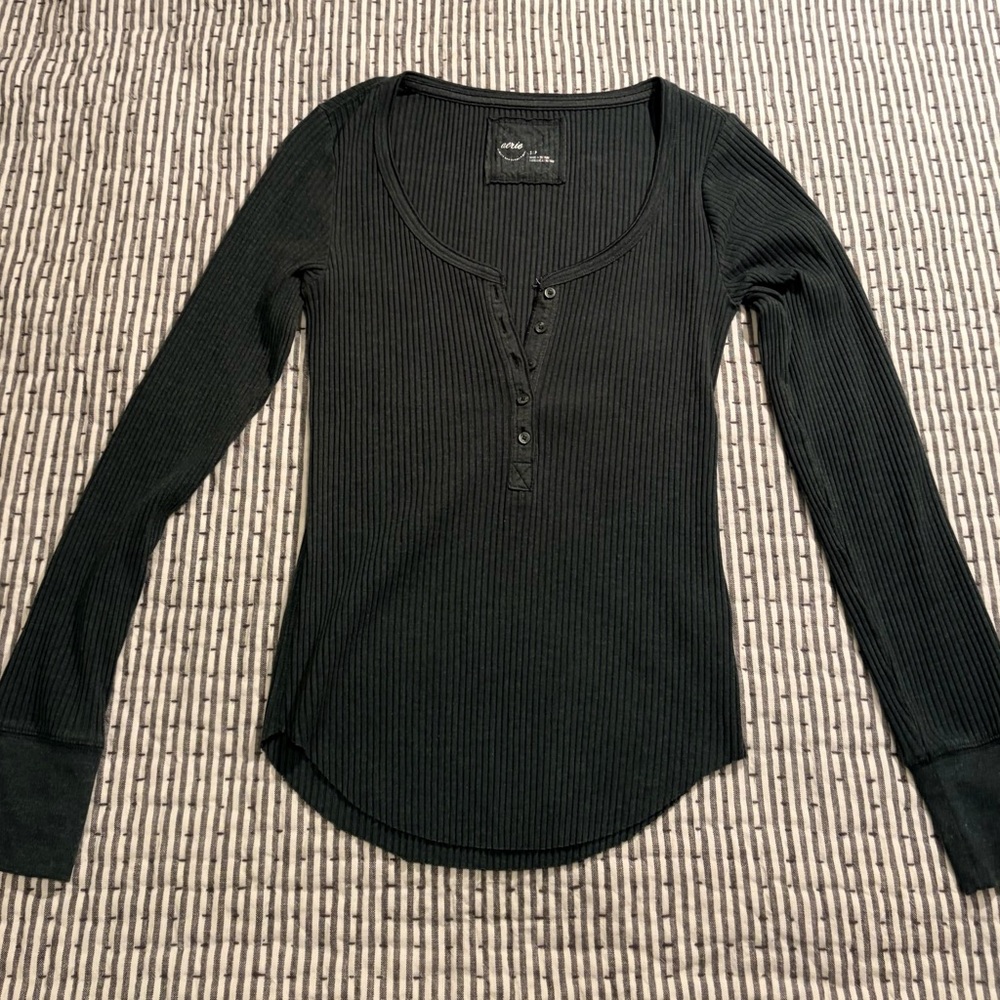 Aerie Hunter Green Ribbed Long Sleeve Top